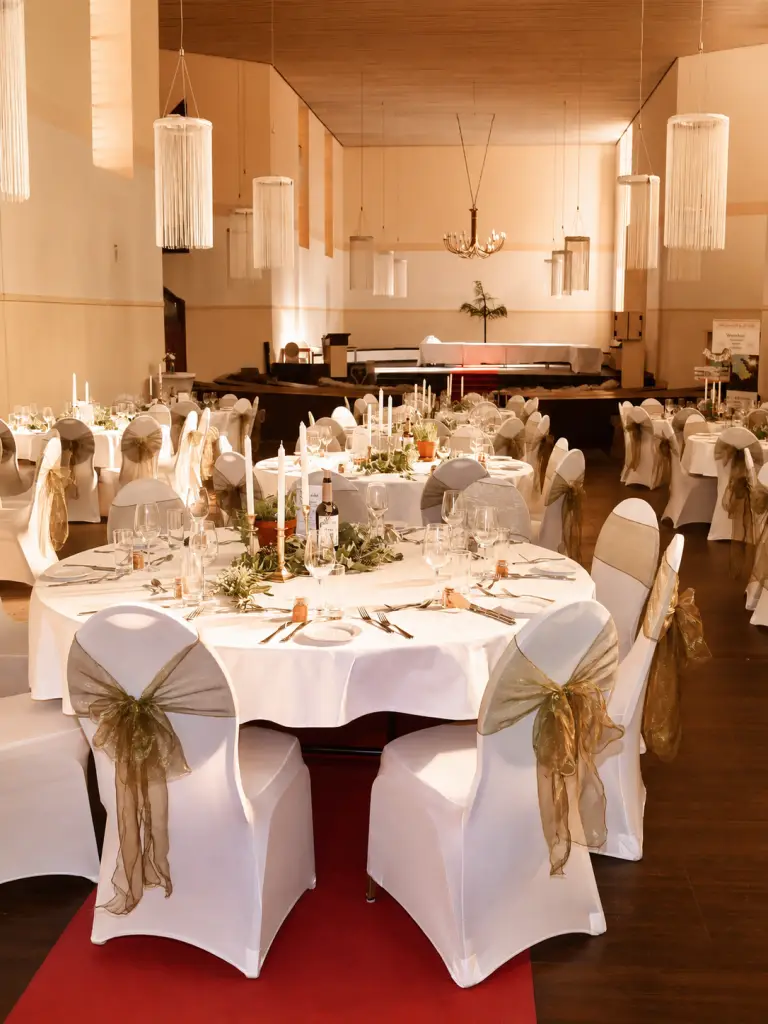 Die historische Eventkirche des Schlosshotels, elegant eingedeckt für eine große Feier.
