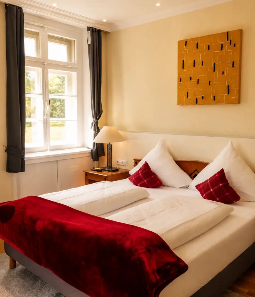 Gemütlich und hell eingerichtetes Doppelzimmer im Schlosshotel Domäne Walberberg.